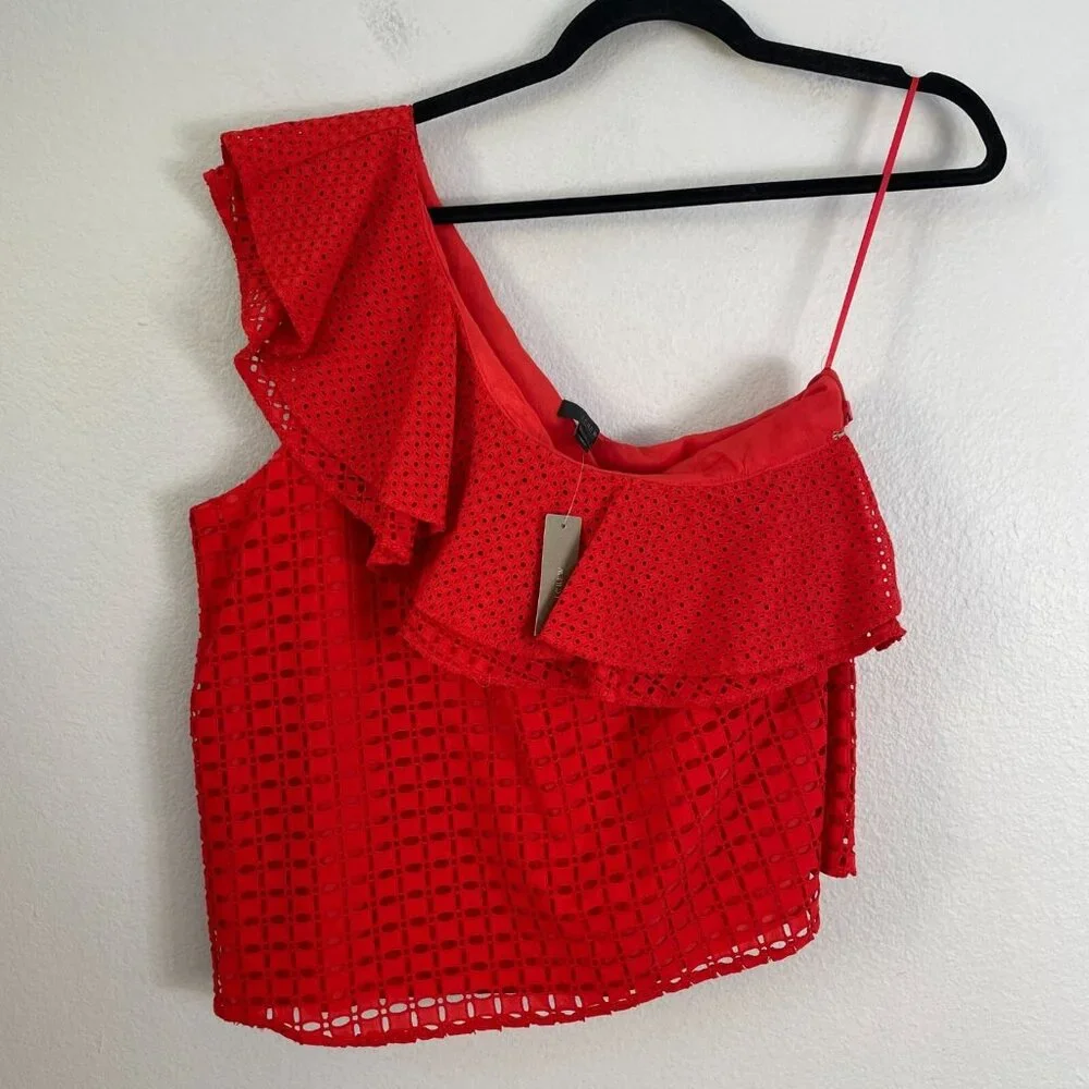 NEW J Crew‎ Womens 12 Red Eyelet One Shoulder Ruffle Top Shirt